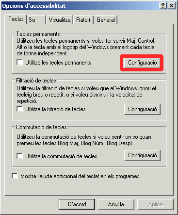 Finestra Opcions d'accessibilitat: Teclat / Botó Configuració Tecles permanents