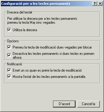 Finestra Configuració per a les tecles permanents