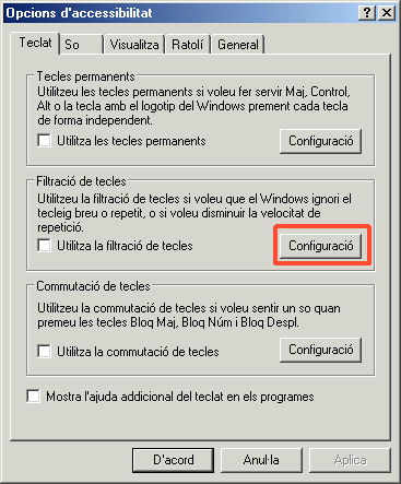 Finestra Opcions d'accessibilitat: Teclat / Botó Configuració Filtració tecles