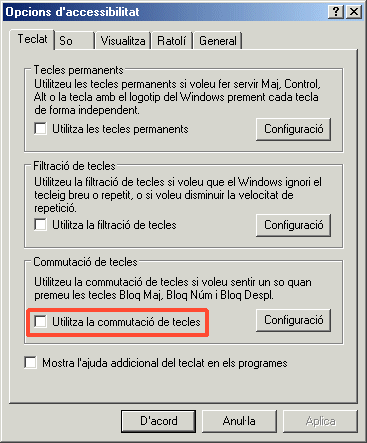 Finestra Opcions d'accessibilitat: Teclat : Commutació de tecles