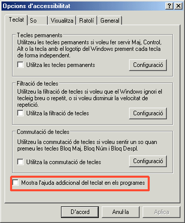 Finestra Opcions d'accessibilitat: Teclat : Ajuda addicional