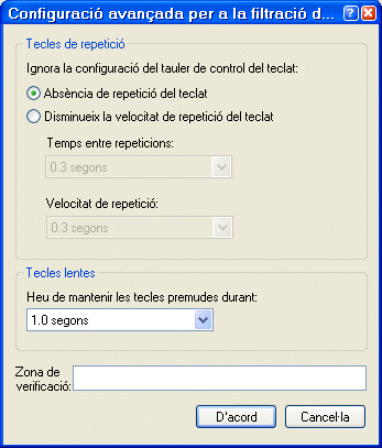 Finestra Configuració avançafa per a la filtració de tecles