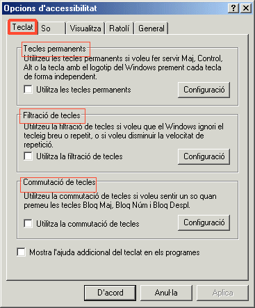 Finestra Opcions d'accessibilitat: Teclat