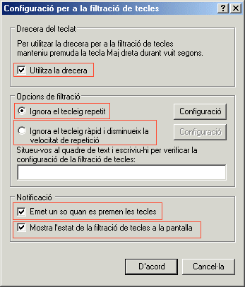Finestra Configuració per a la filtració de tecles