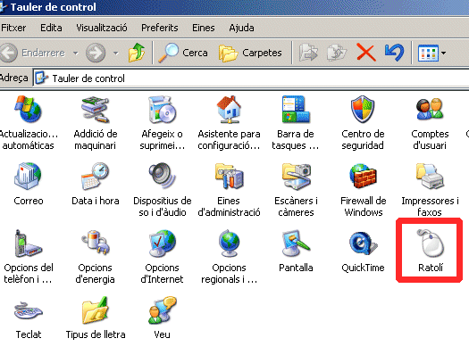 Finestra del Tauler de control: Ratolí