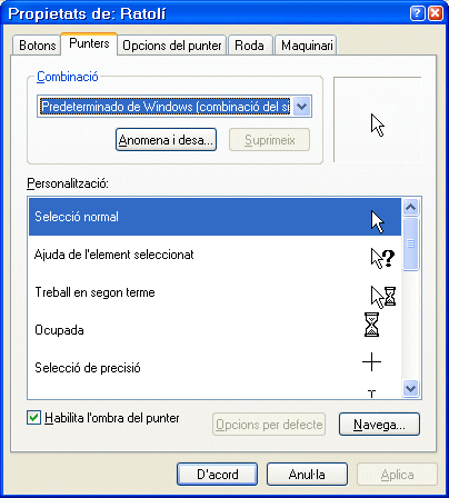 Finestra de les Propietats del Ratolí: Punters