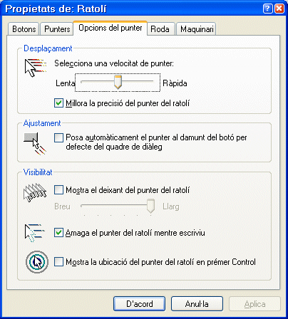 Finestra de les Propietats del Ratolí: Opcions de punter