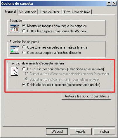 Finestra de les Opcions de carpeta: General