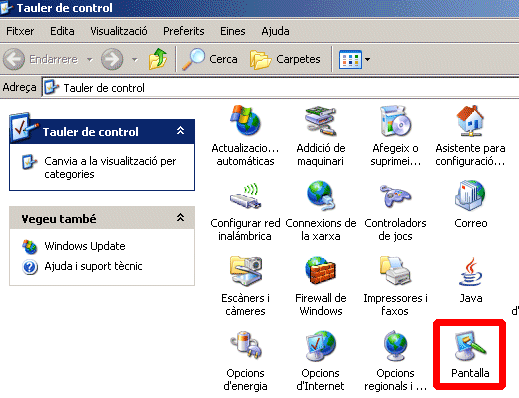Finestra del Tauler de control: Pantalla