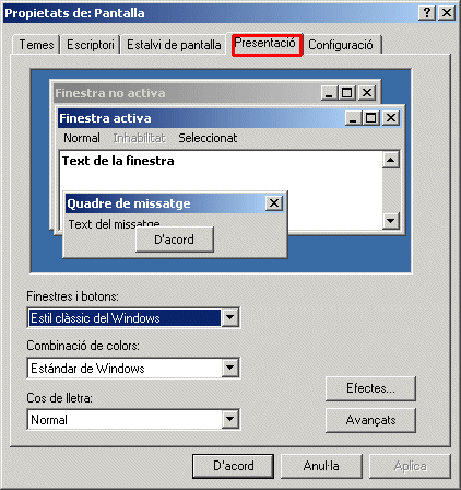 Finestra de Propietats de Pantalla: Presentació