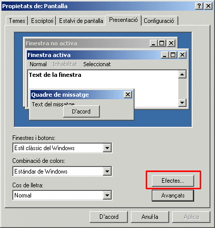 Finestra de Propietats de Pantalla/ Presentació/ Botó Efectes