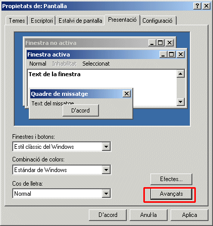 Finestra de Propietats de Pantalla / Presentació/Botó Avançats