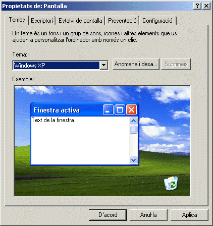 Finestra de Propietats de Pantalla/ Temes/ Tema XP