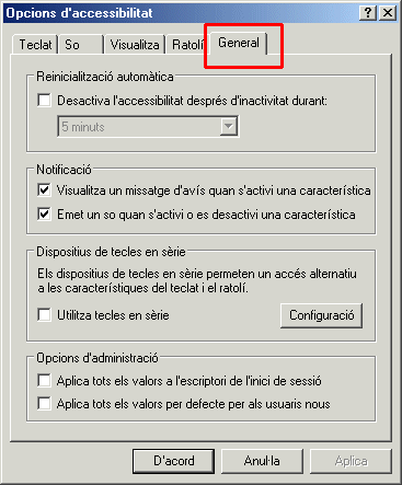 Finestra de les opcions d'accessibilitat/ General