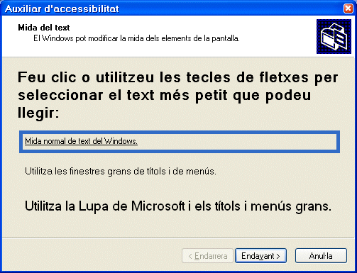 Finestra de l'auxiliar d'accessibilitat/ Mida del text