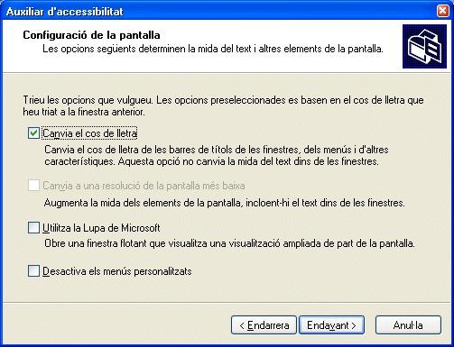 Finestra de l'auxiliar d'accessibilitat/ Configuració de la pantalla