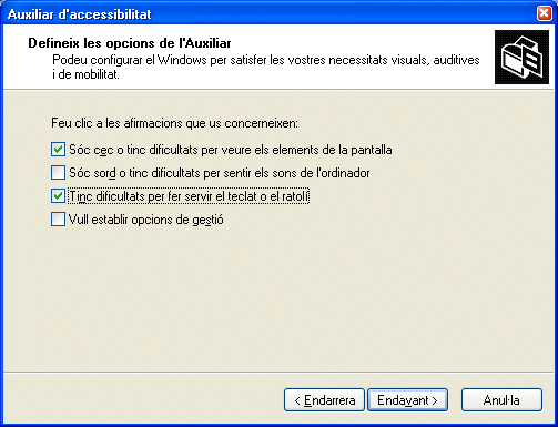 Finestra de l'auxiliar d'accessibilitat/ Opcions de l'auxiliar