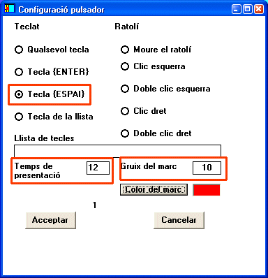 Finstra de configuració del pulsador