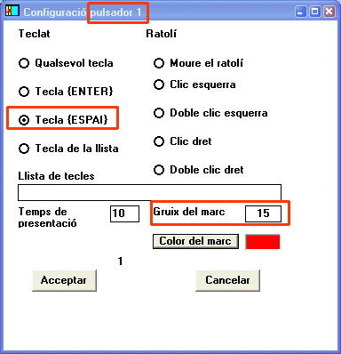 Finstra de configuració del primer pulsador
