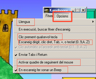 Finestra del Kangooru amb el desplegable de les Opcions obert