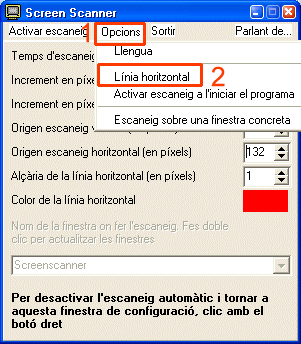 Finestra del Screen Scanner amb el desplegable d'Opcions obert