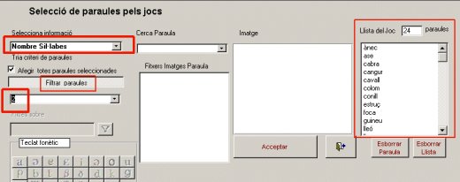 Finestra saelecció paraules de joc