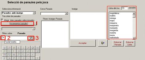 Finestra saelecció paraules de joc