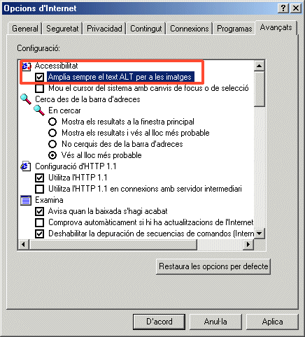 Opcions d'accessibiliat d'Interent Exlplorer