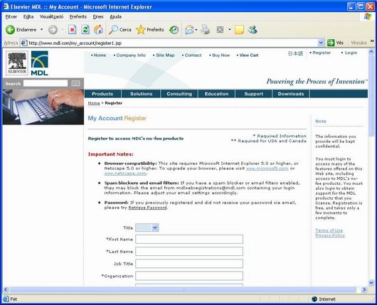 Pàgina de registre de Elseviers MDL