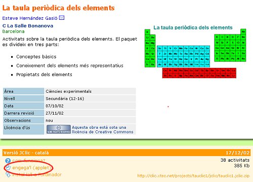 Fitxa del paquet d'activitats JClic La taula periòdica dels elements